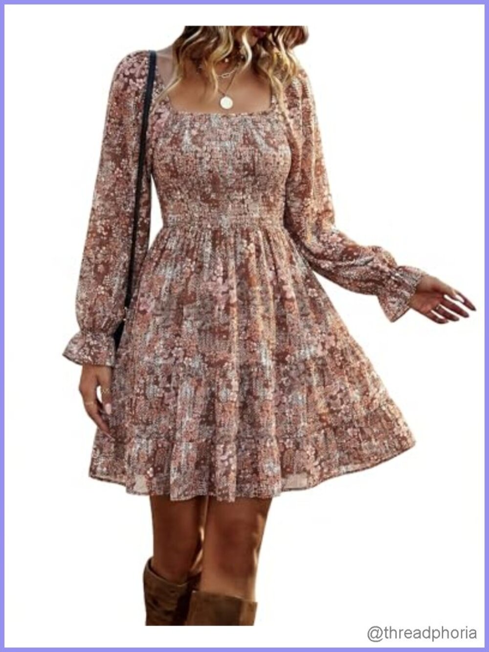Smocked Square Neck Floral Mini Dress Long Sleeve Wedding Guest Boho Ruffle